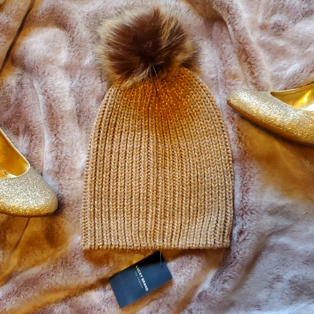 Lucky Brand Faux Fur Gold Pom Pom Beanie Hat